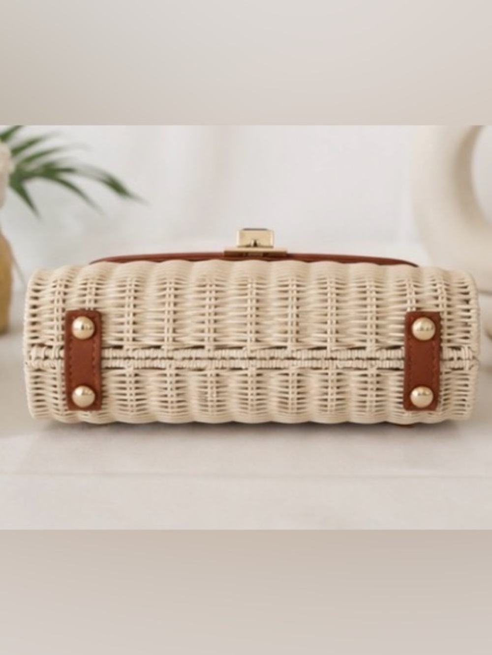 Tommy Bahama Natural Woven Rattan Leather Top Handle Satchel Crossbody Bag Tan - Picture 9 of 16